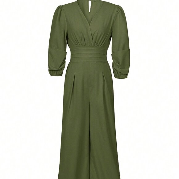 Army Green Elegant Women's Casual Solid Color Lantern Sleeve Jumpsuit - Picture 3 of 9
